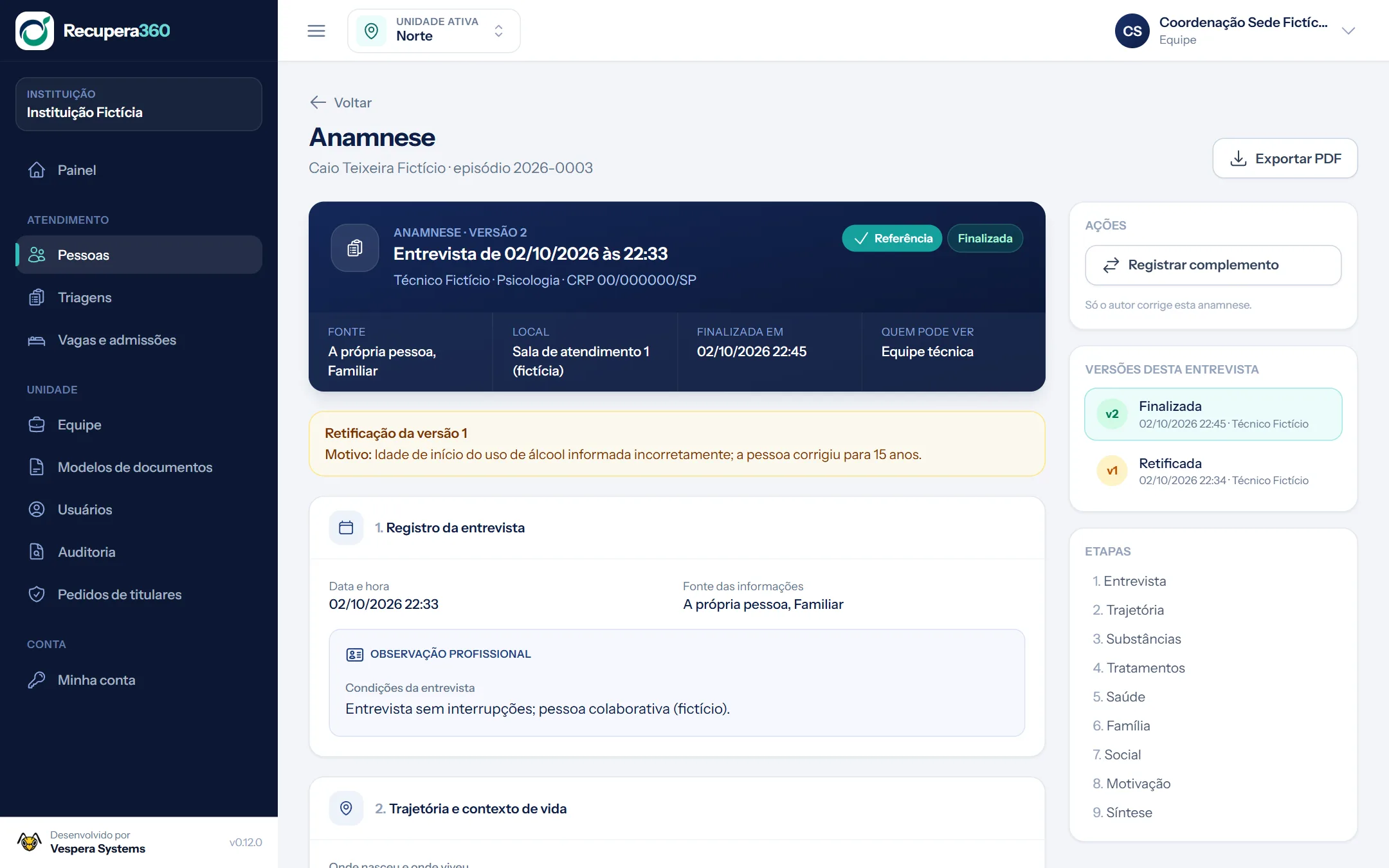 Anamnese com versões, motivo da retificação e etapas
