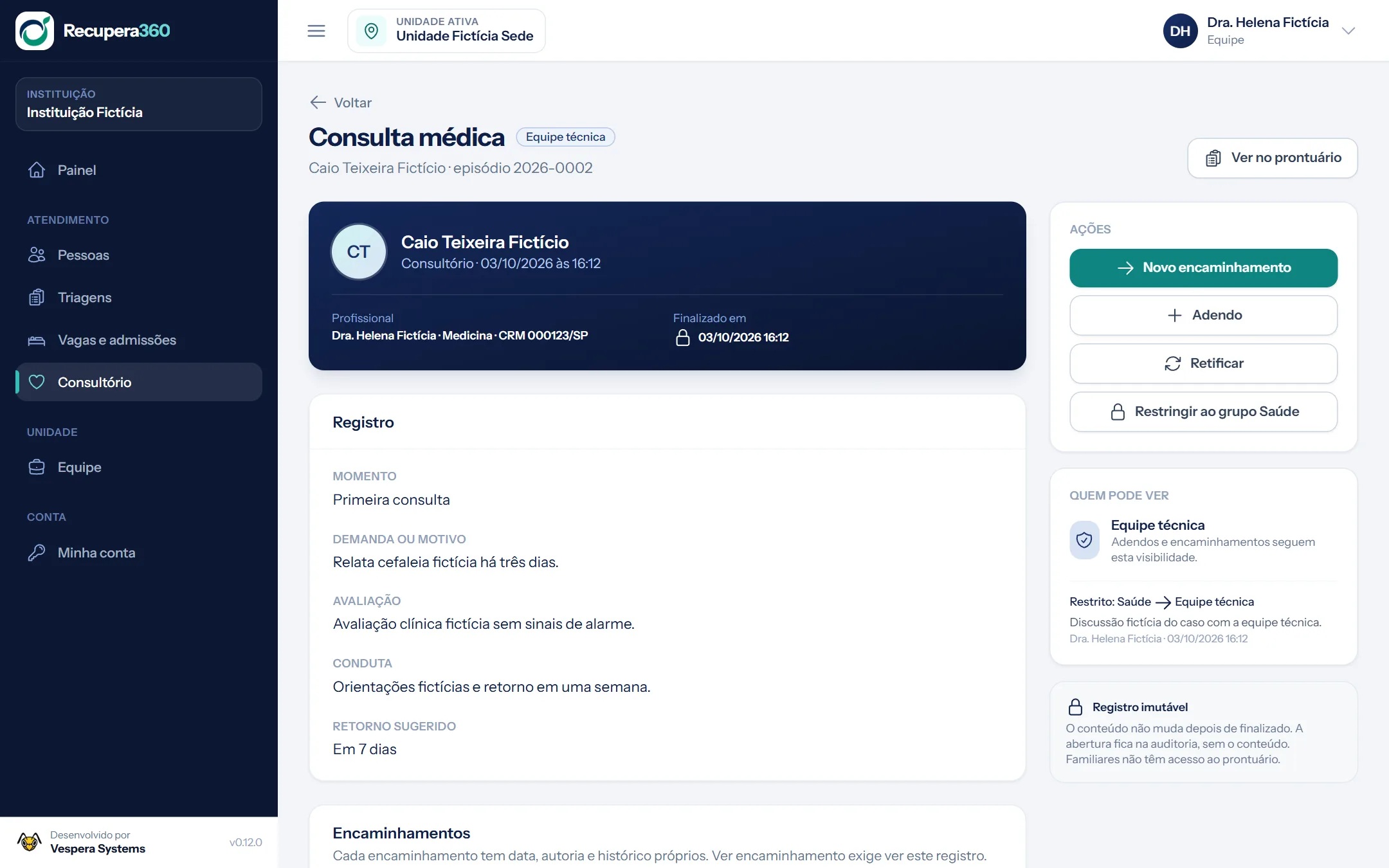 Consulta médica finalizada no Consultório do sistema para clínica de reabilitação