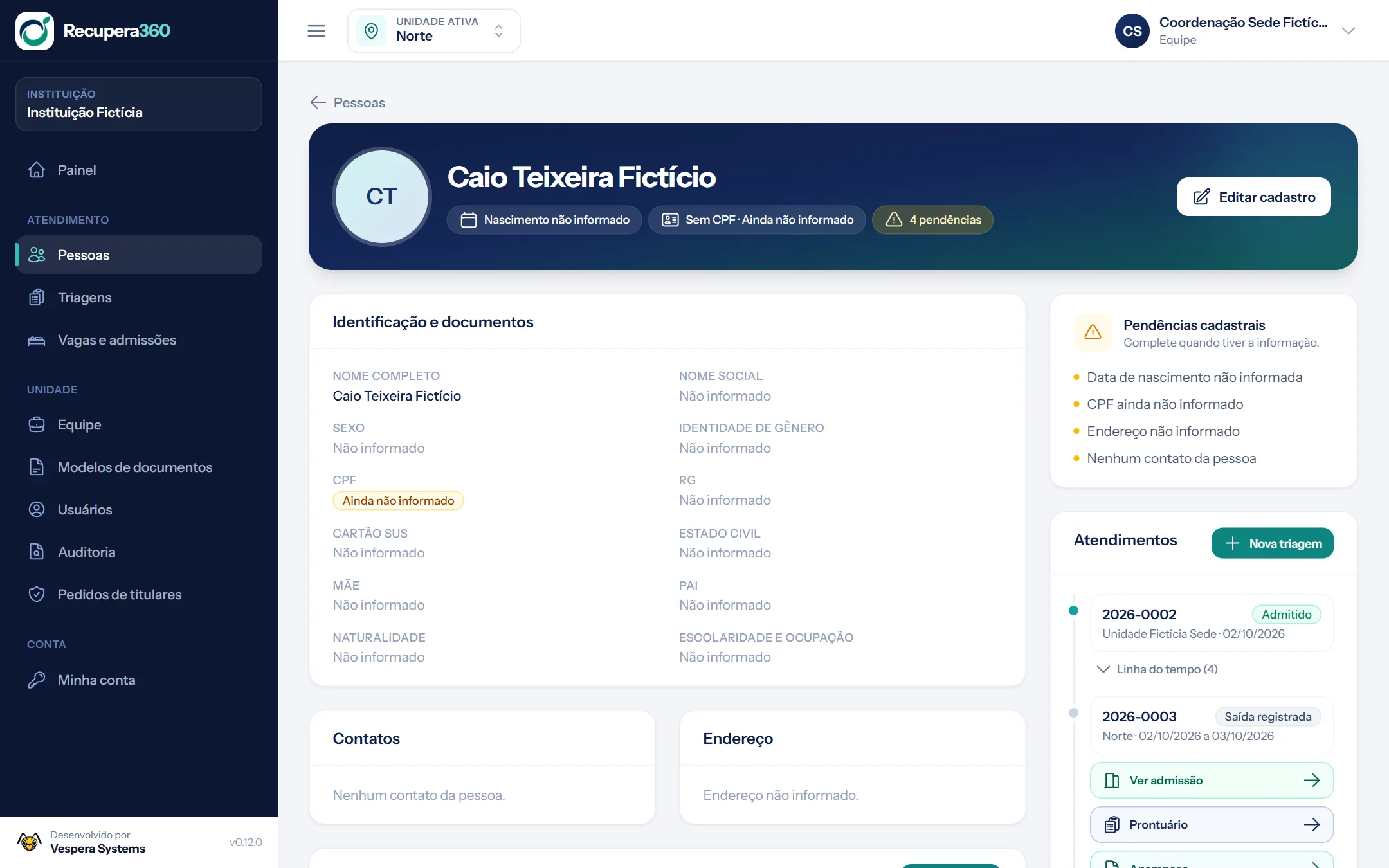 Ficha da pessoa com identificação, pendências e episódios