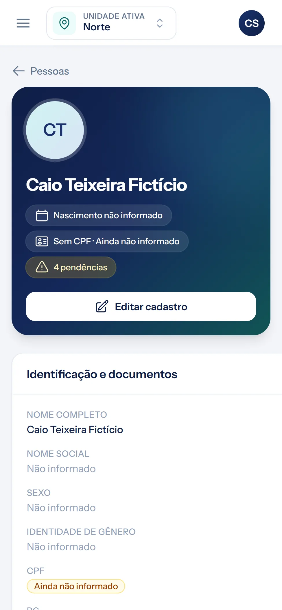 Ficha da pessoa no celular