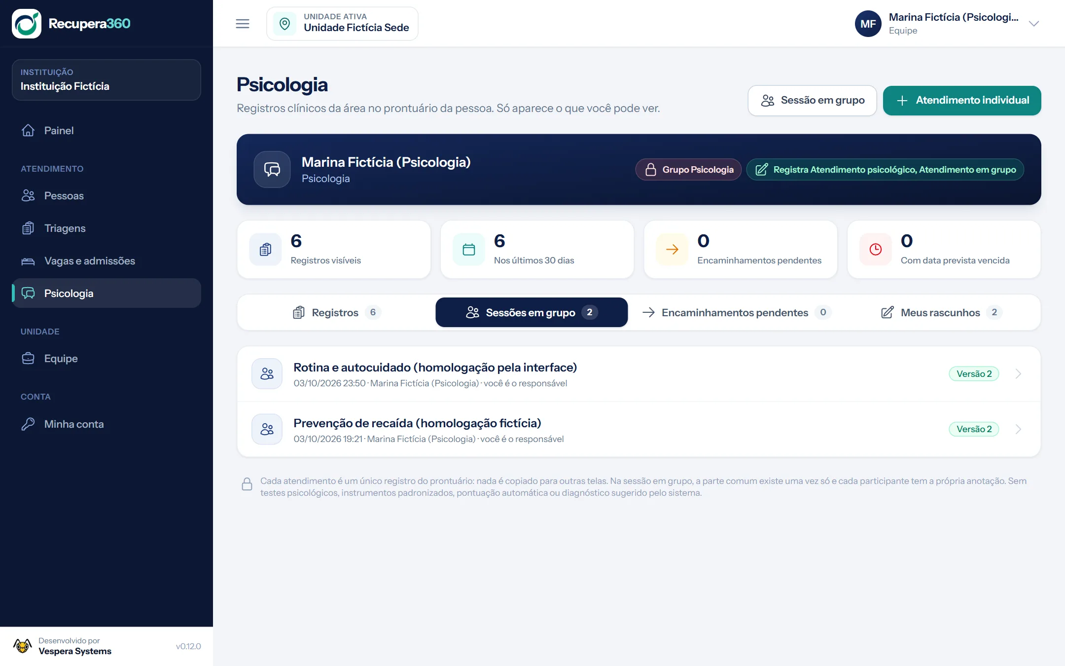 Tela da Psicologia com sessões em grupo